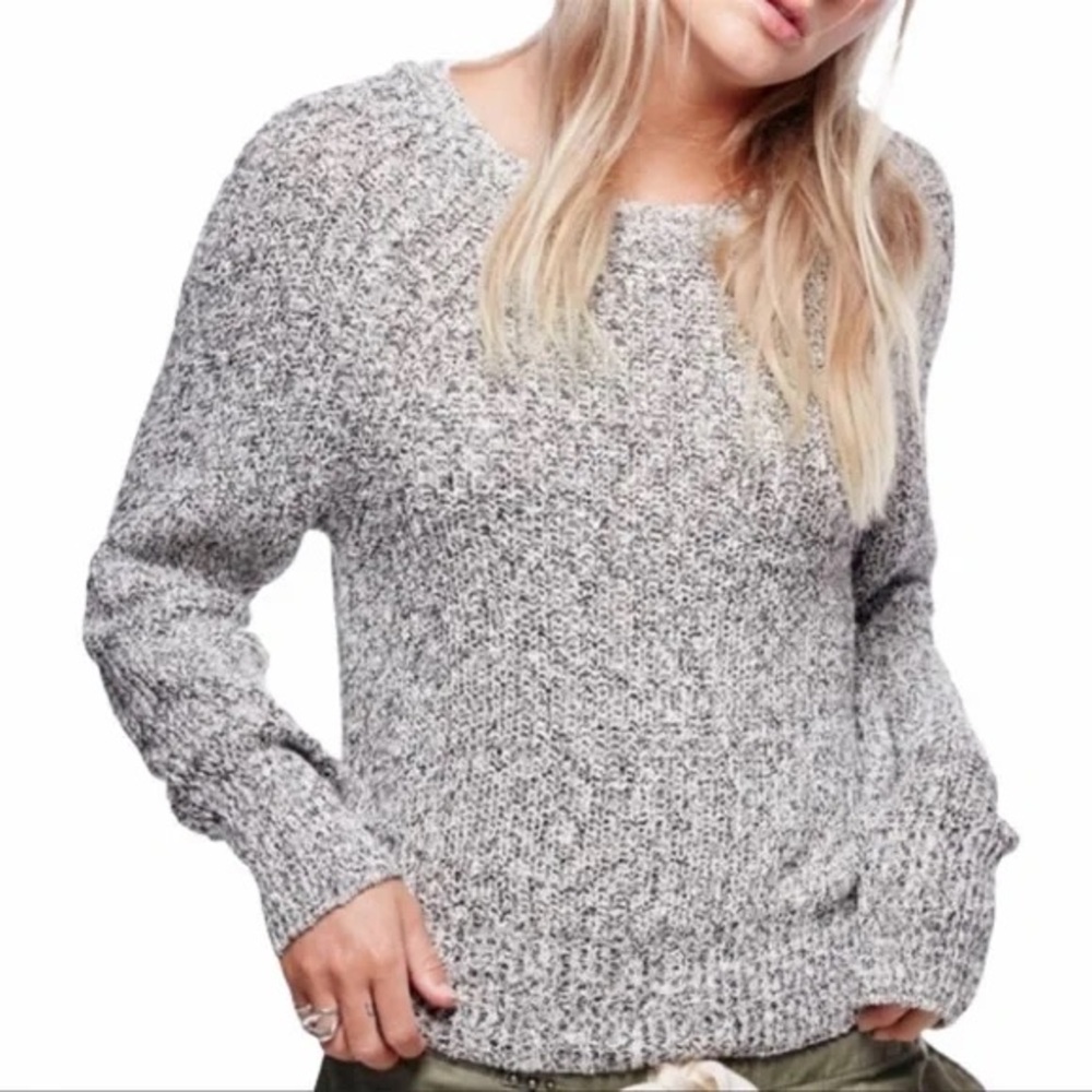 Free People Chunky Cotton Knit Cropped Sweater Black Gray White Sweater Sz S - Picture 13 of 13